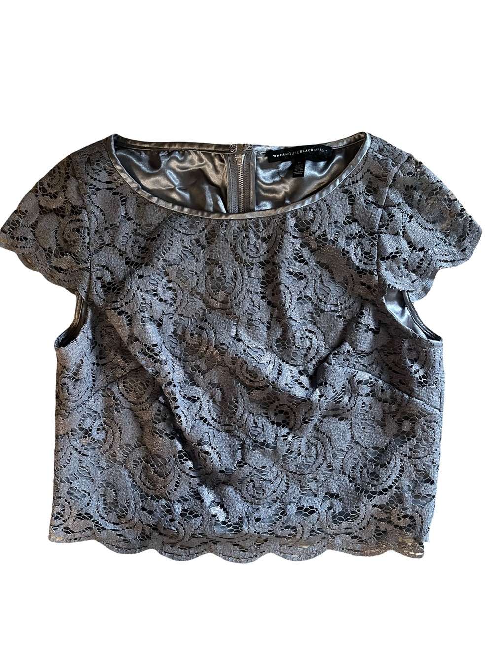 White House Black Market Gray Lace Cap Sleeve Blouse